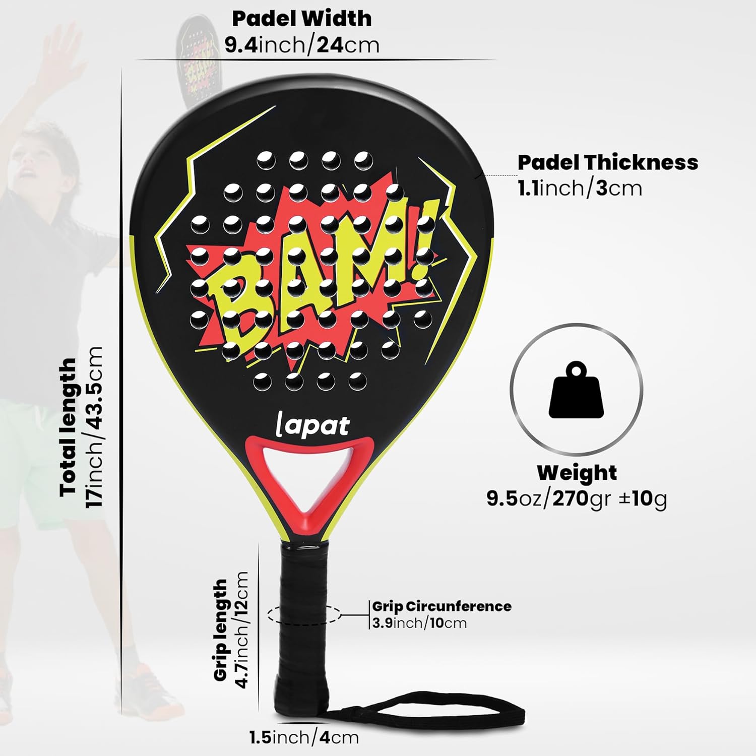 LAPAT- Raqueta de pádel con superficie de carbono - opción para niños